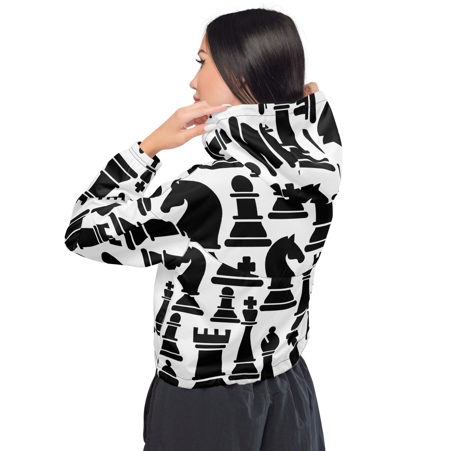 Cropped Windbreaker Jacket, Black and White Chess Print