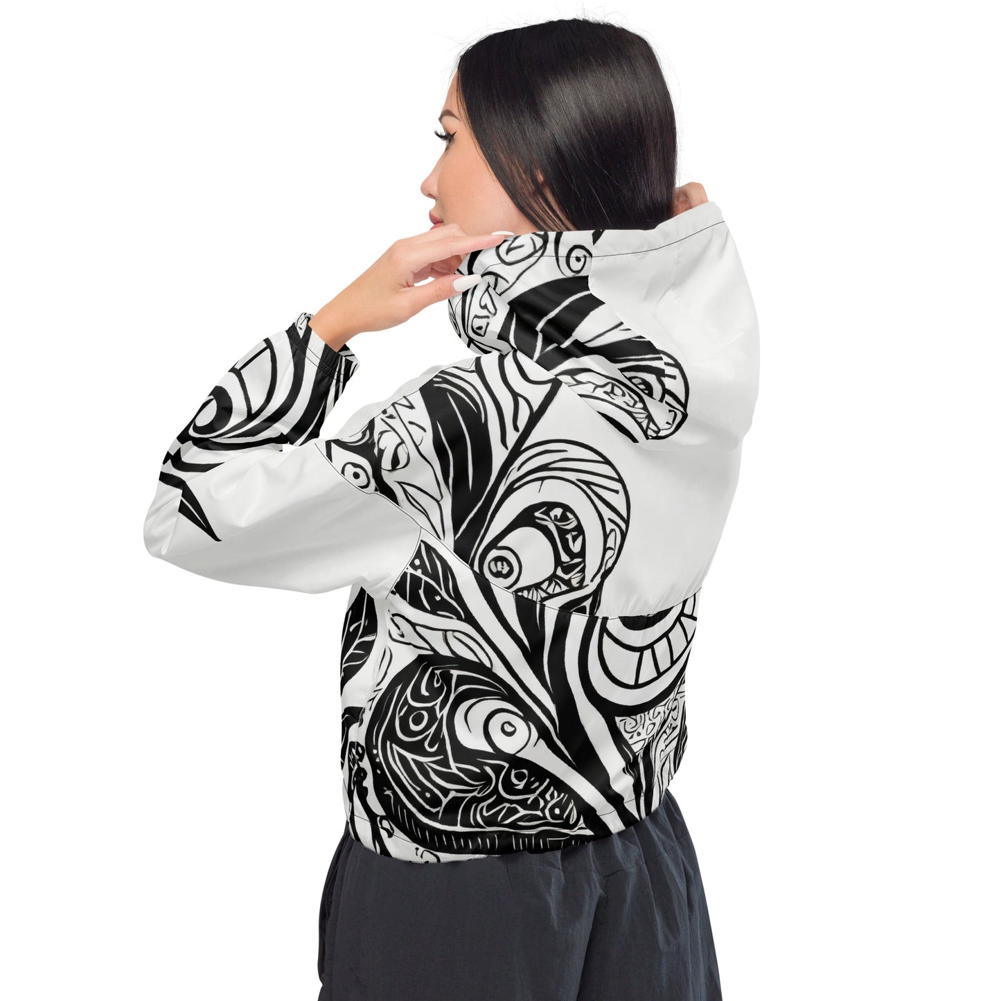 Cropped Windbreaker Jacket, Black Floral Lines