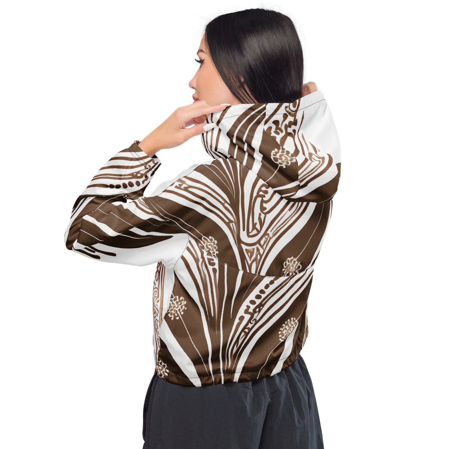 Cropped Windbreaker Jacket, Brown Floral Lines