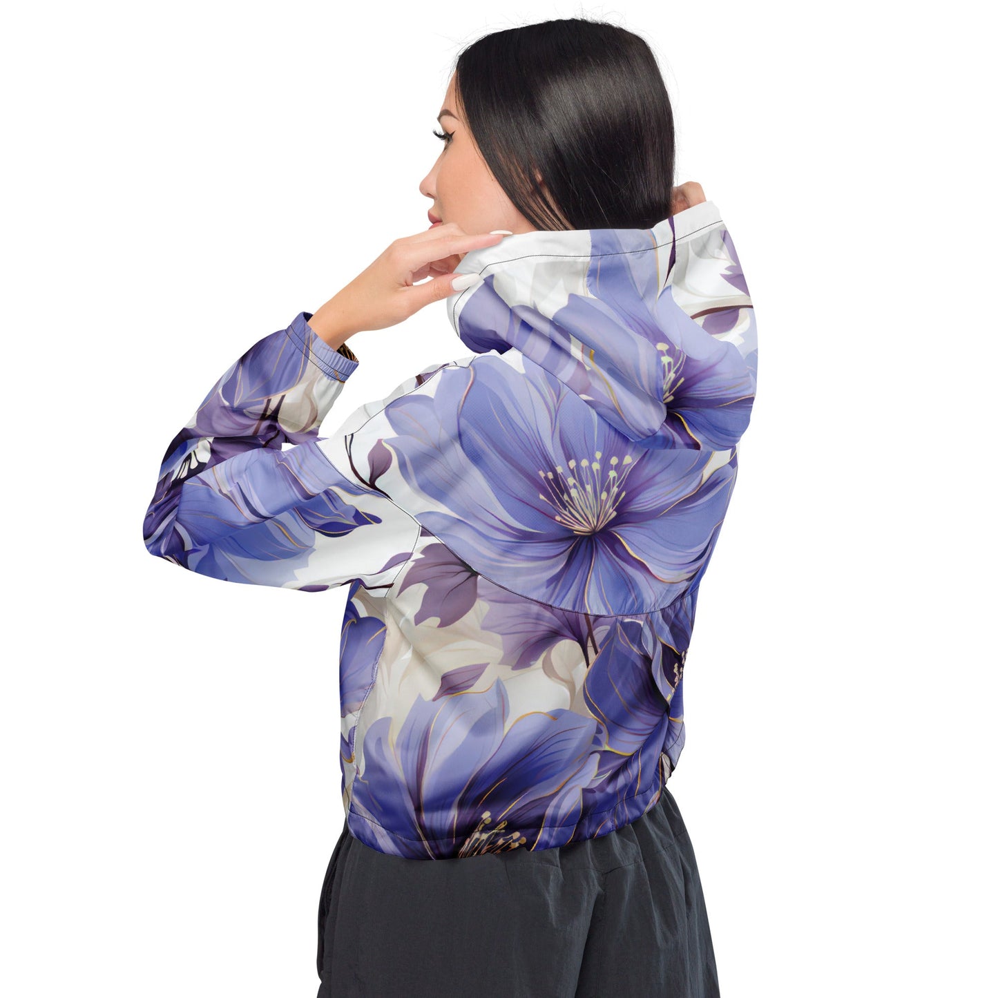 Cropped Windbreaker Jacket, Purple Botanical Blooms