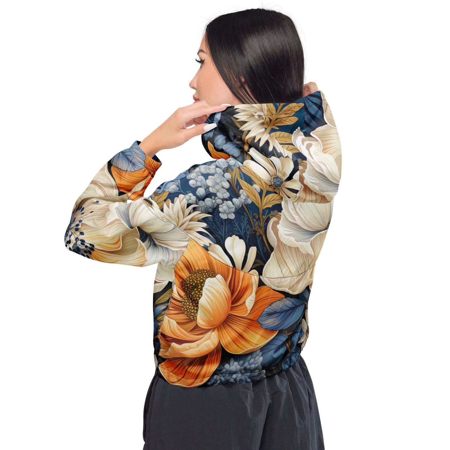 Cropped Windbreaker Jacket, Floral Blue Print