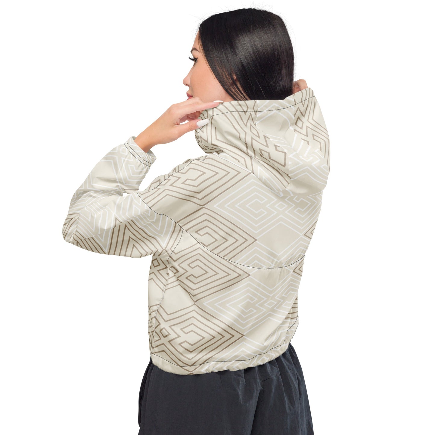 Cropped Windbreaker Jacket, Beige Brown Aztec Geometric Lines