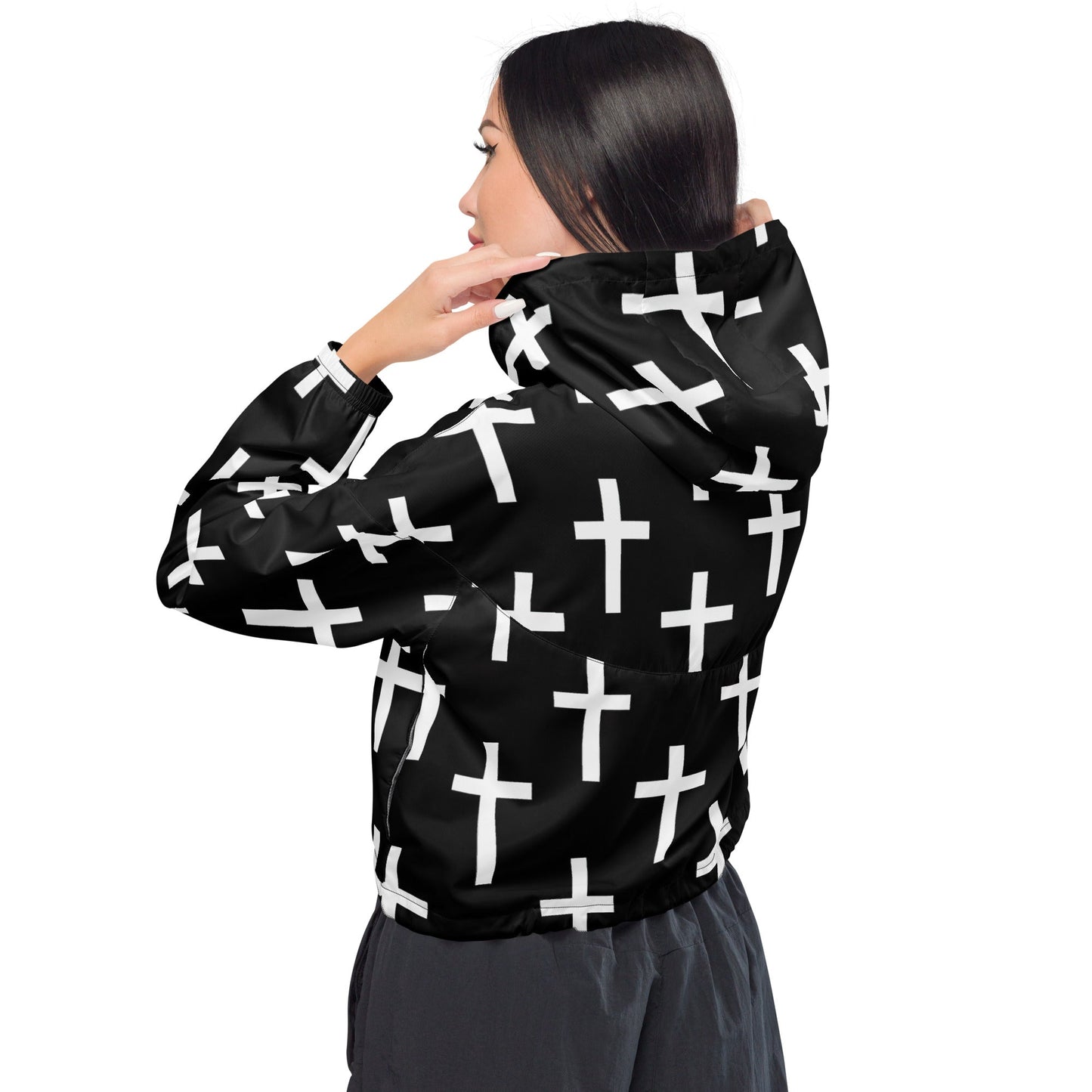 Cropped Windbreaker Jacket, Black White Cross Print