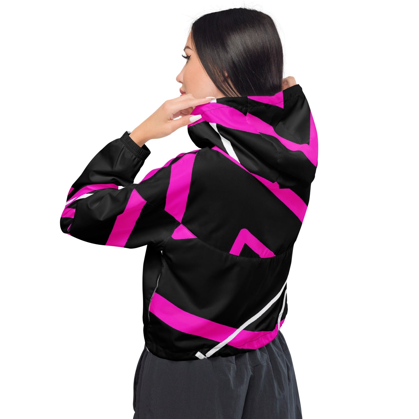 Cropped Windbreaker Jacket, Black and Pink Pattern