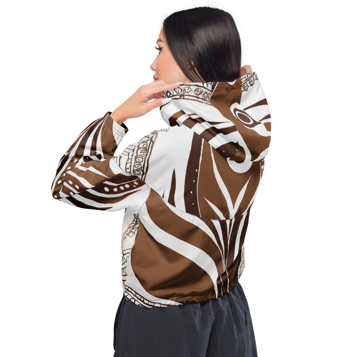 Cropped Windbreaker Jacket, Brown Floral Lines