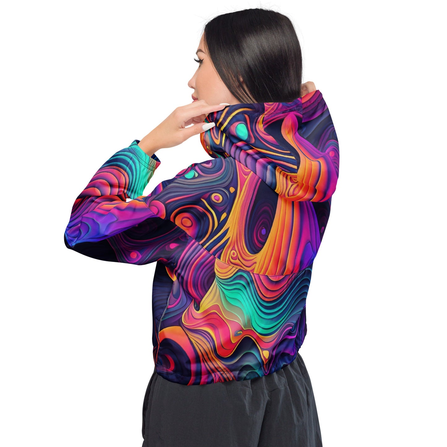 Cropped Windbreaker Jacket, Vibrant Psychedelic Kaleidoscope