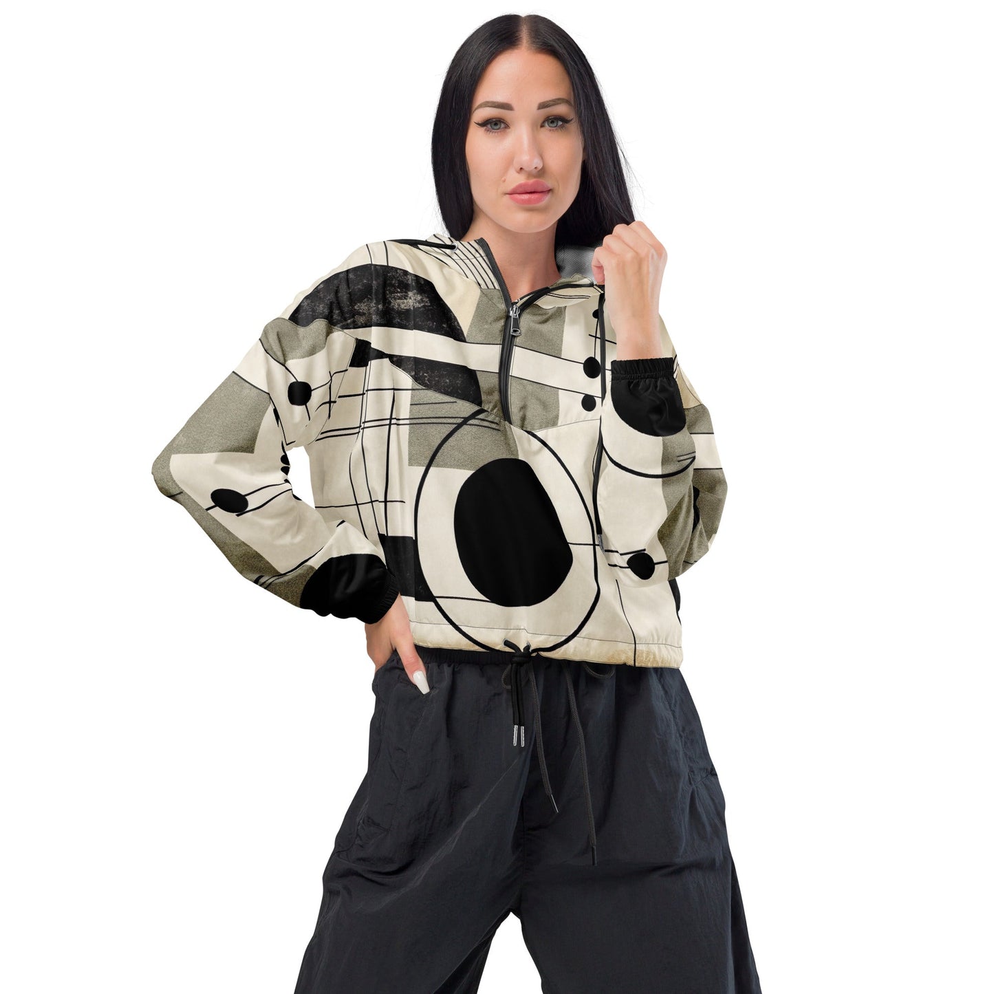 Cropped Windbreaker Jacket, Abstract Black Beige Brown