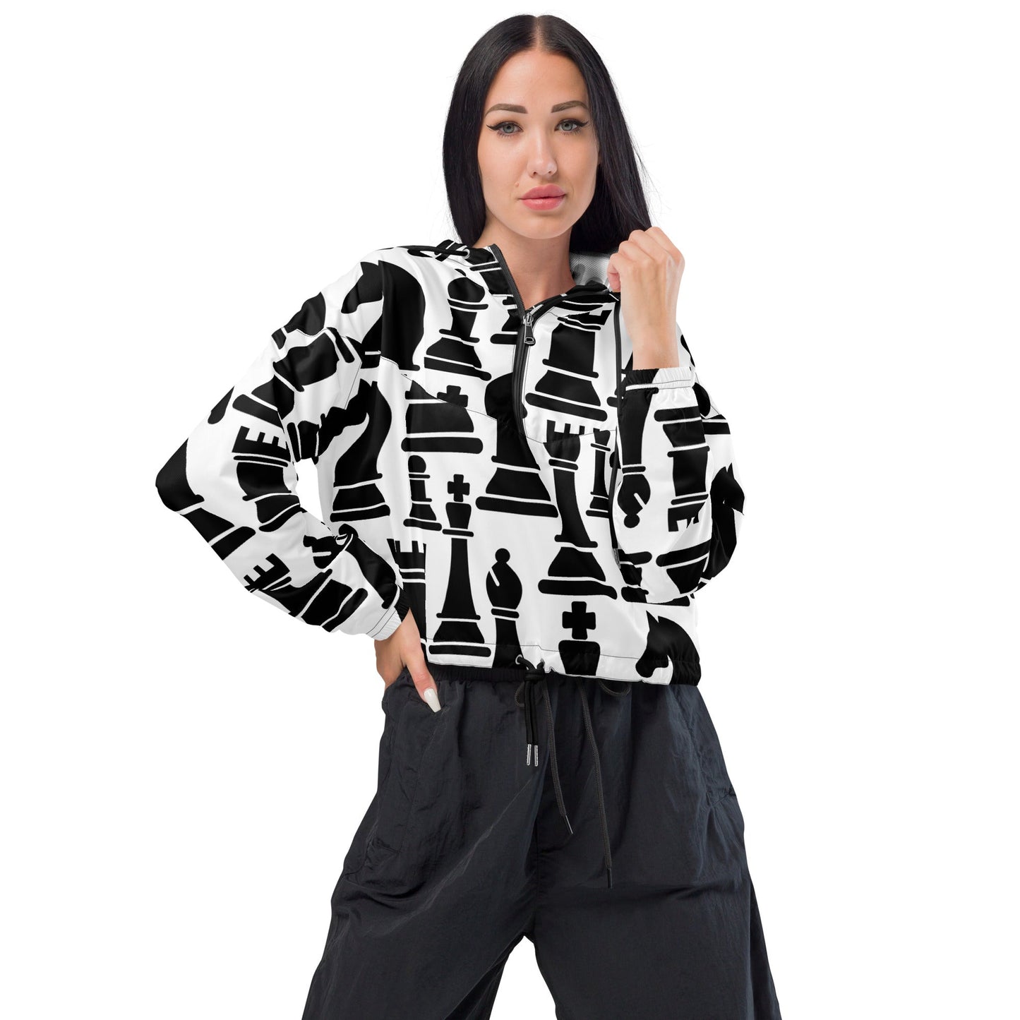 Cropped Windbreaker Jacket, Black and White Chess Print