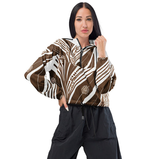 Cropped Windbreaker Jacket, Brown Floral Lines