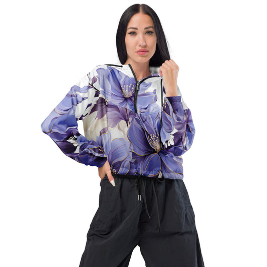 Cropped Windbreaker Jacket, Purple Botanical Blooms