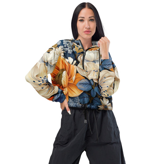 Cropped Windbreaker Jacket, Floral Blue Print