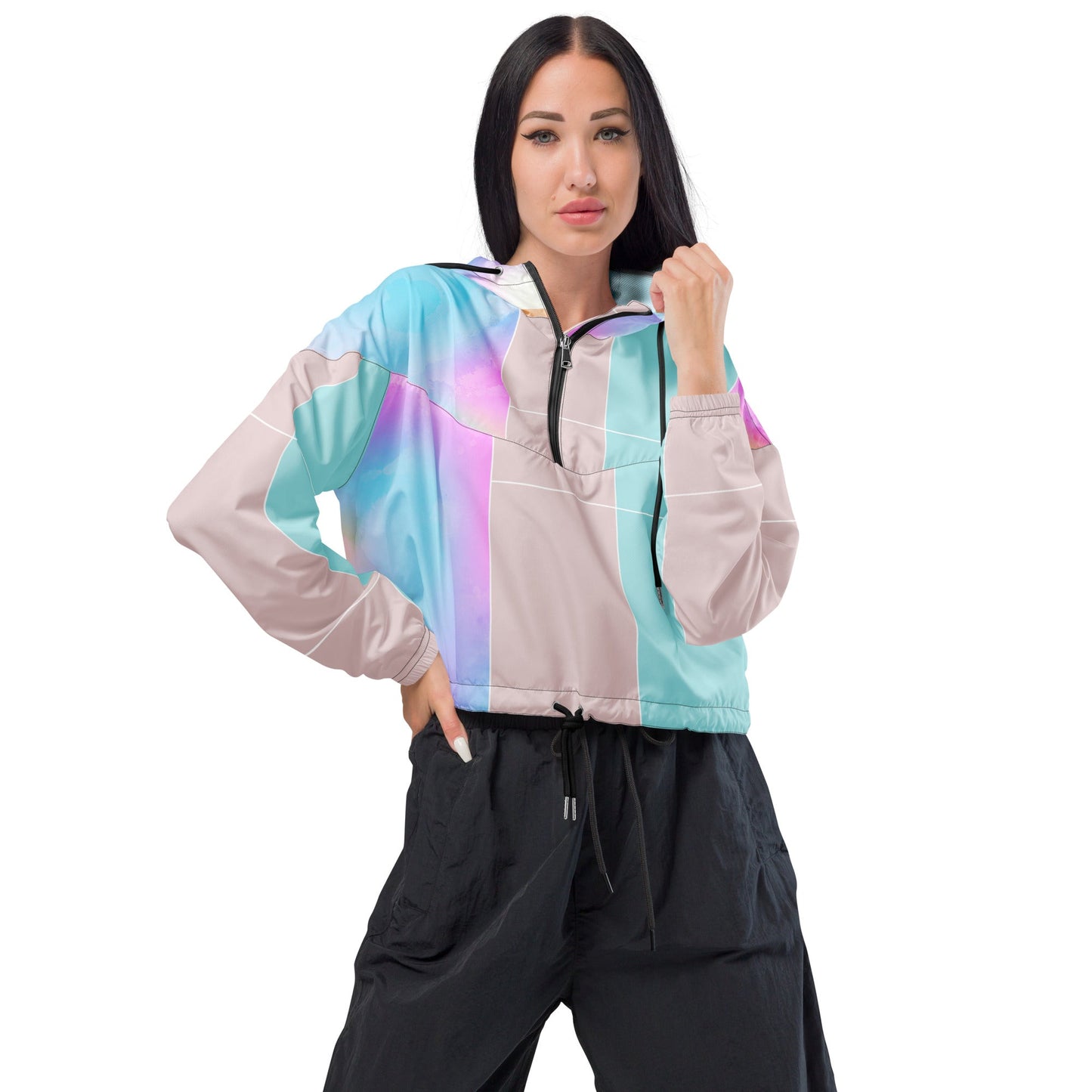 Cropped Windbreaker Jacket, Pastel Colorblock Watercolor