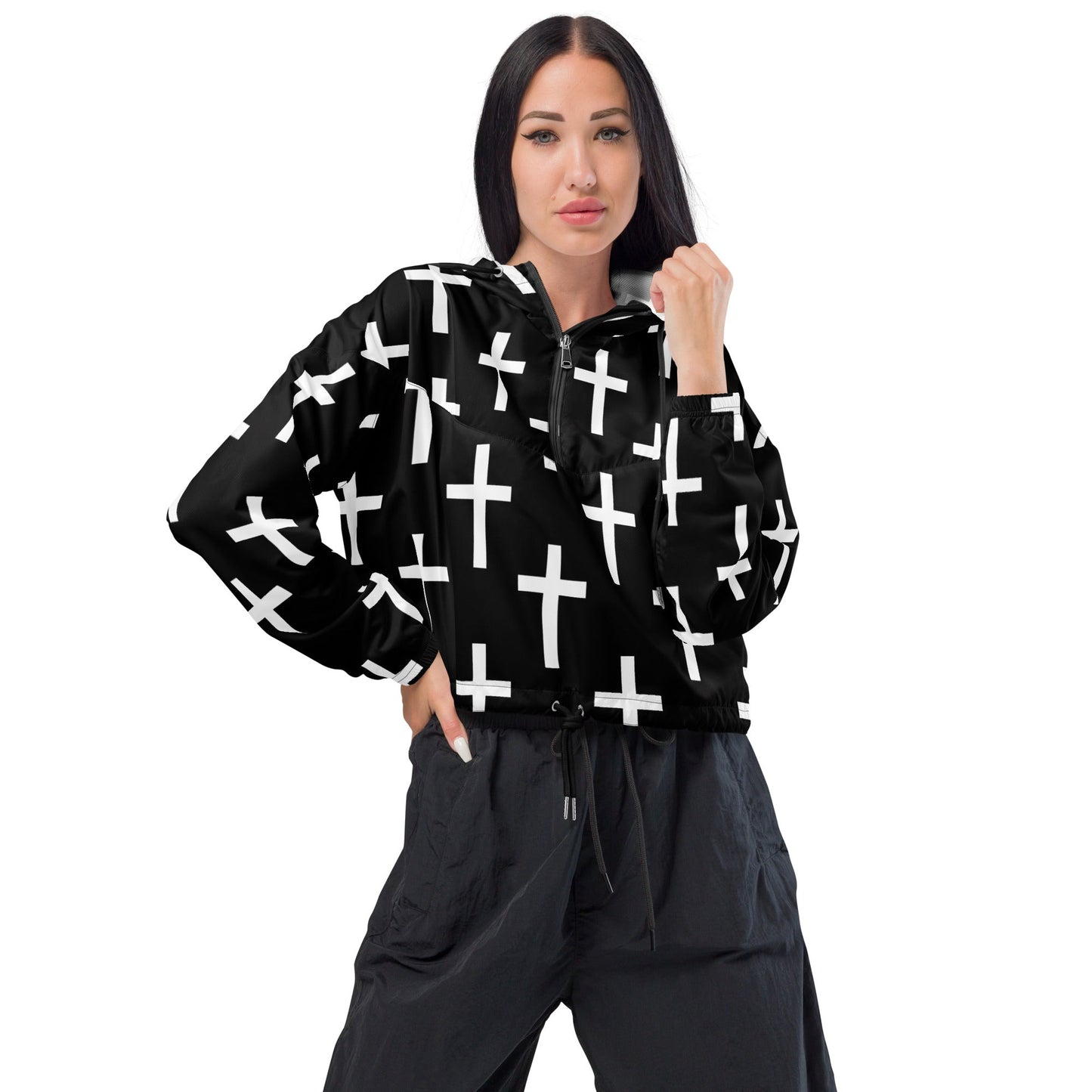 Cropped Windbreaker Jacket, Black White Cross Print