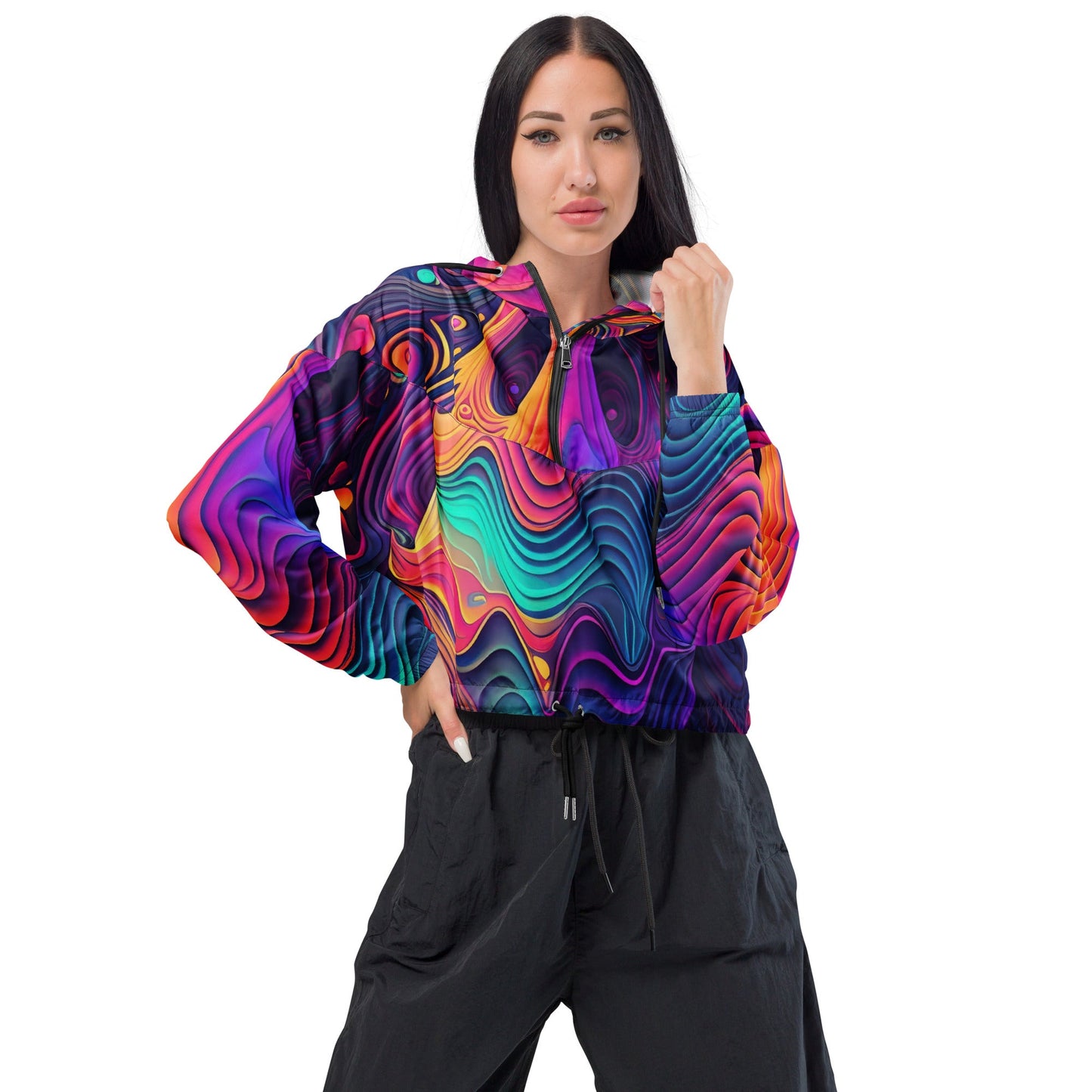 Cropped Windbreaker Jacket, Vibrant Psychedelic Kaleidoscope