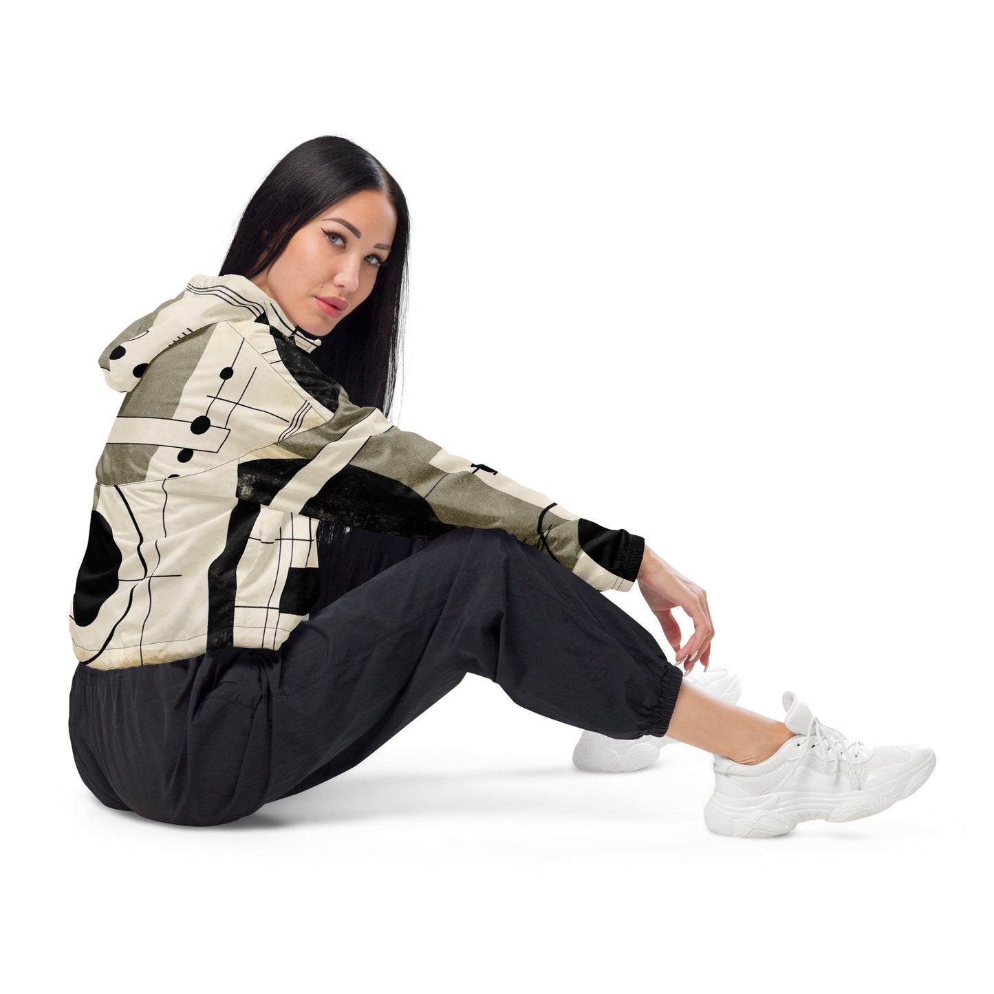 Cropped Windbreaker Jacket, Abstract Black Beige Brown