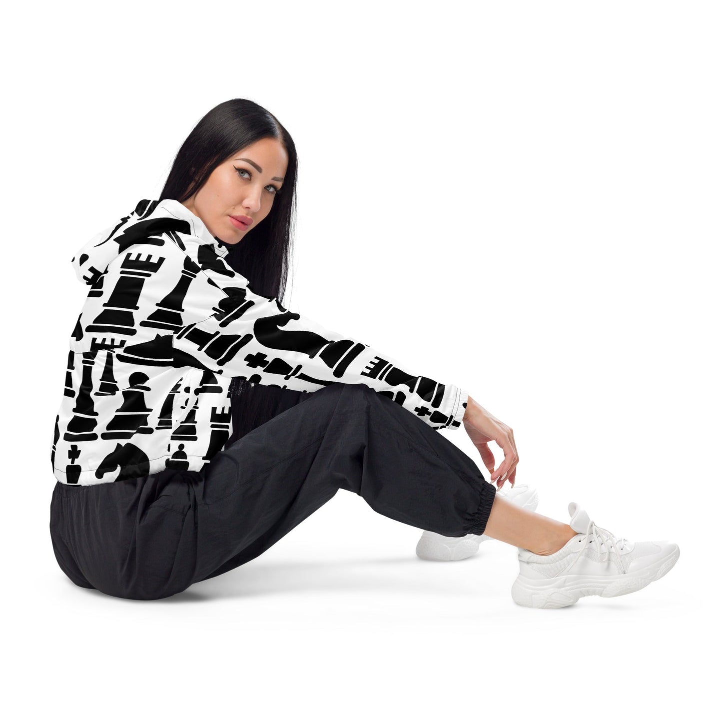 Cropped Windbreaker Jacket, Black and White Chess Print