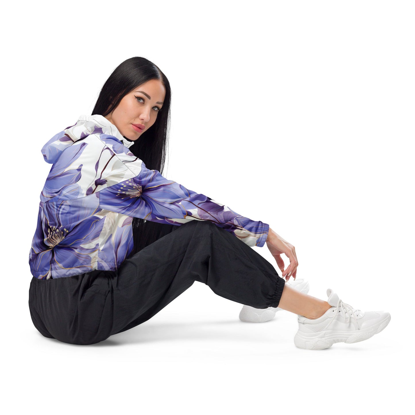 Cropped Windbreaker Jacket, Purple Botanical Blooms