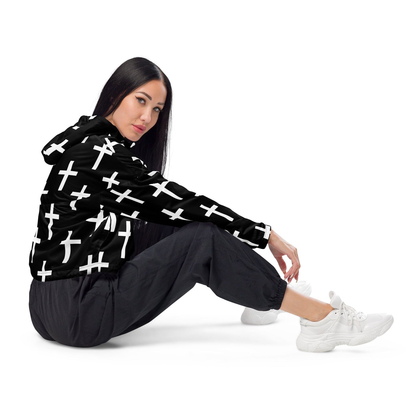 Cropped Windbreaker Jacket, Black White Cross Print