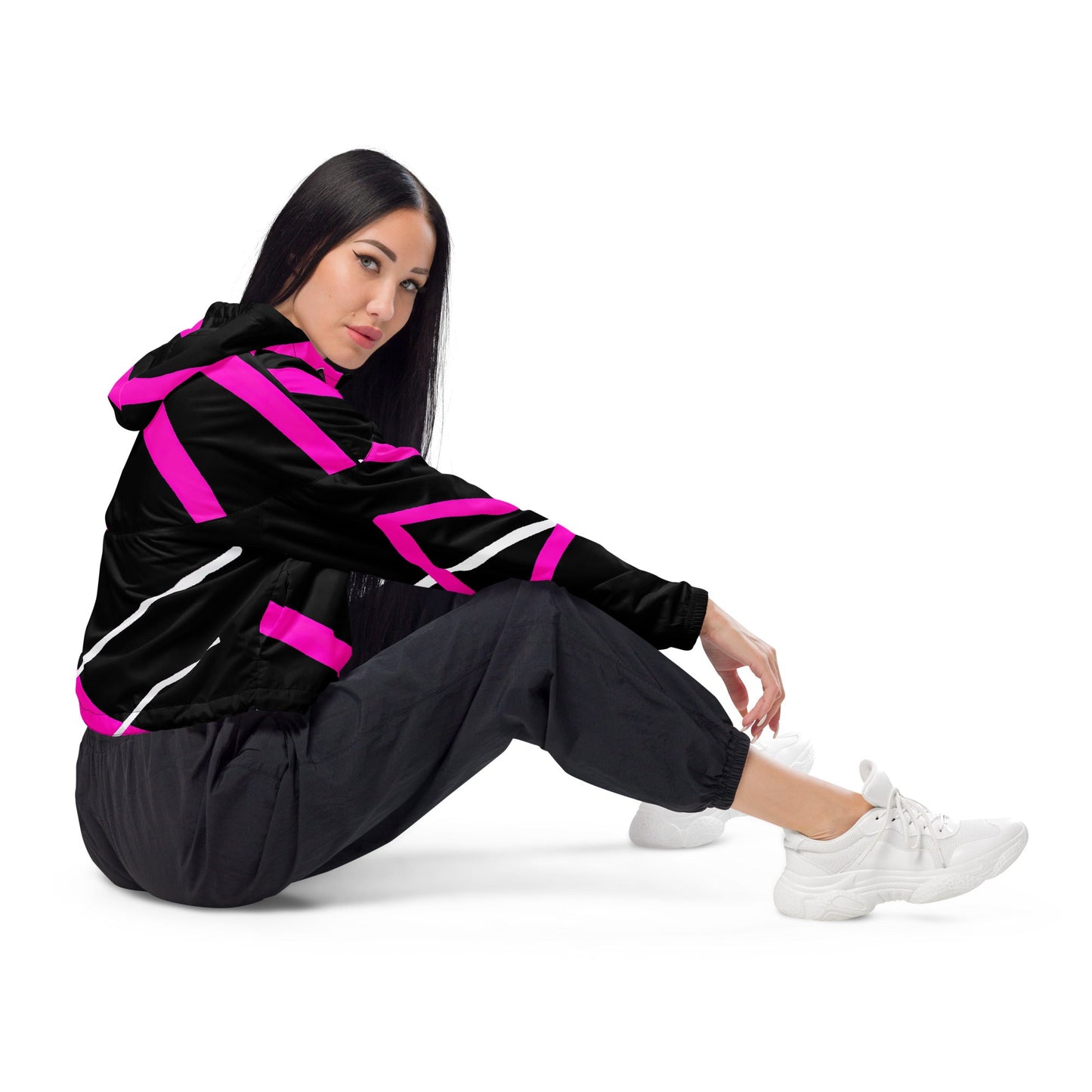 Cropped Windbreaker Jacket, Black and Pink Pattern