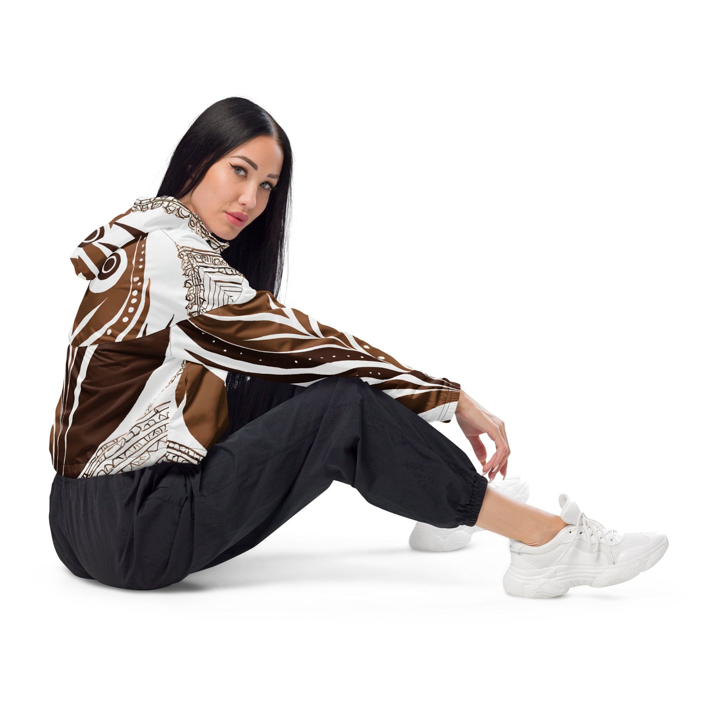 Cropped Windbreaker Jacket, Brown Floral Lines