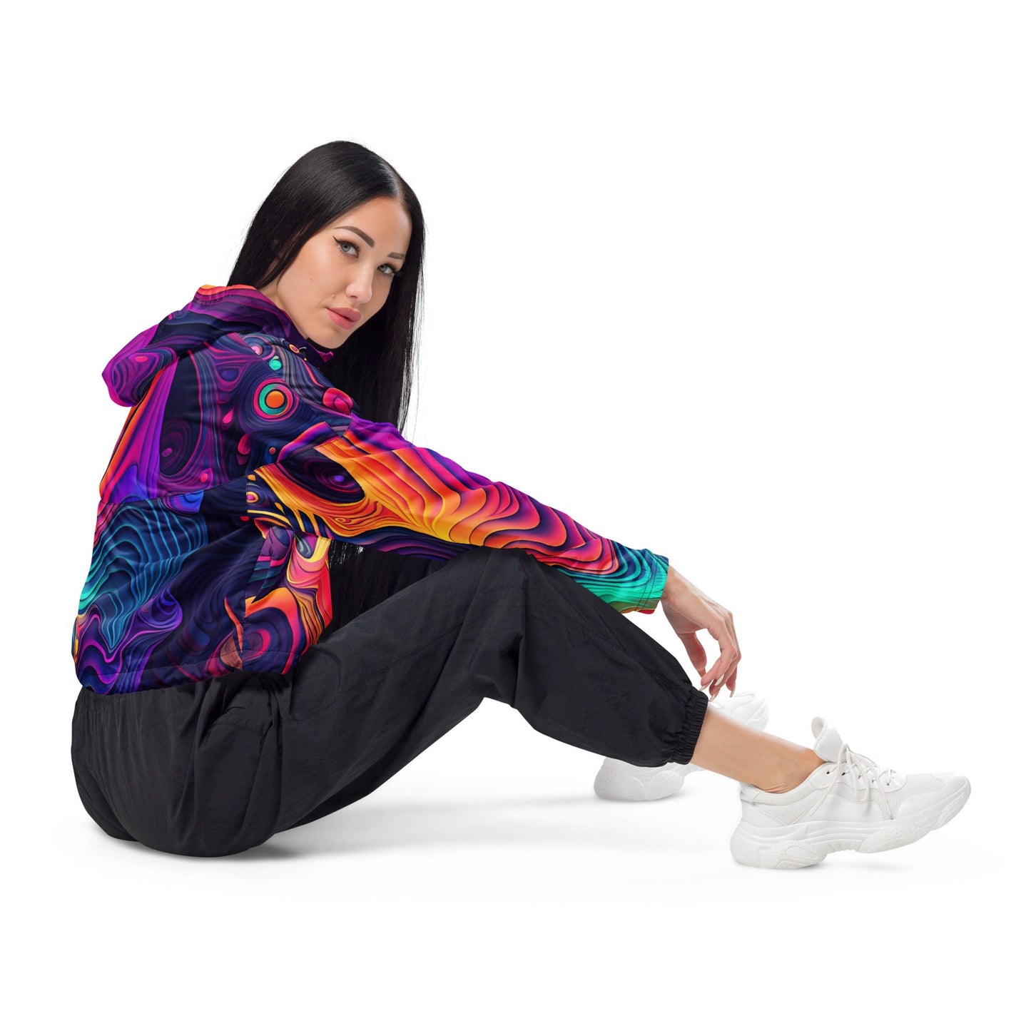 Cropped Windbreaker Jacket, Vibrant Psychedelic Kaleidoscope